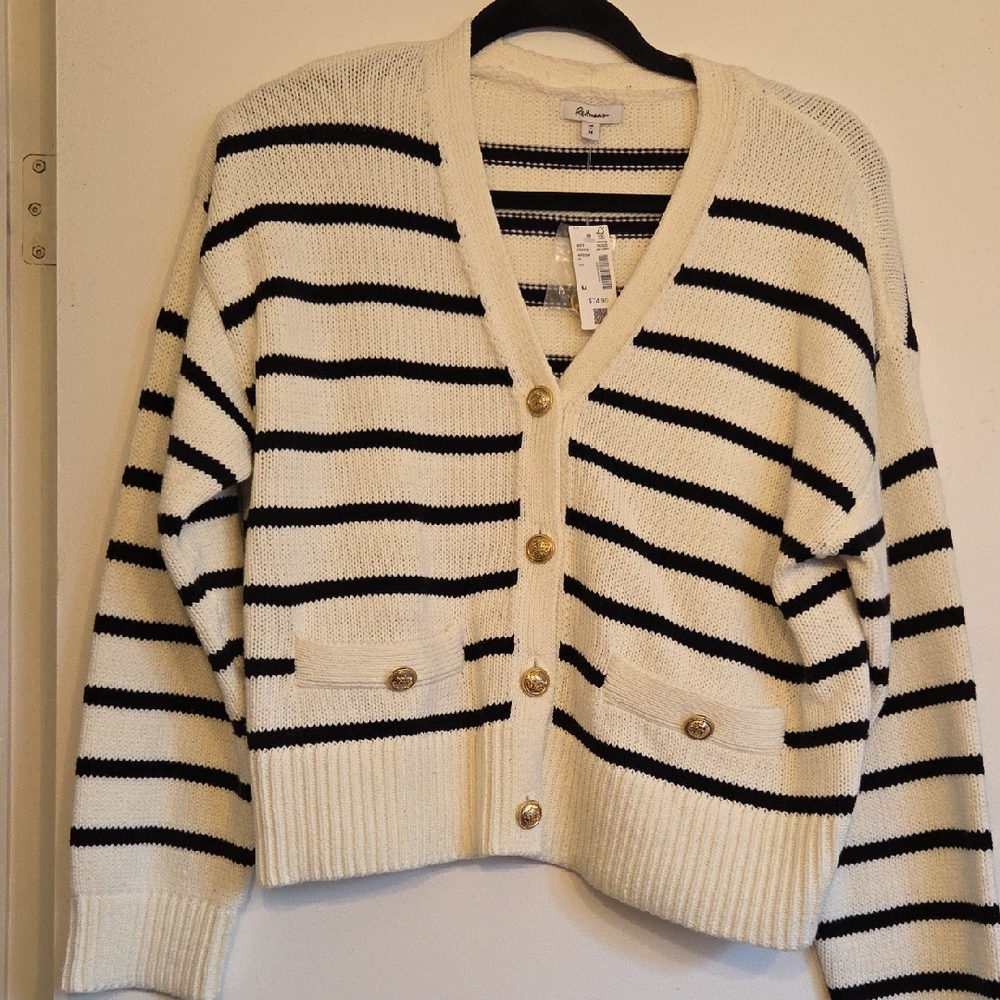 Reitmans Black and Off-White Striped Cardigan